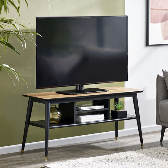 Findlay Wooden TV Stand With Shelves In Walnut And Black