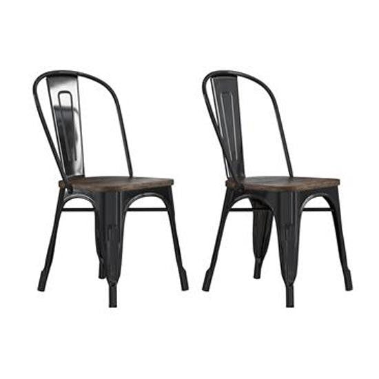Fusion Black Metal Dining Chairs In Pair With Wooden Seat