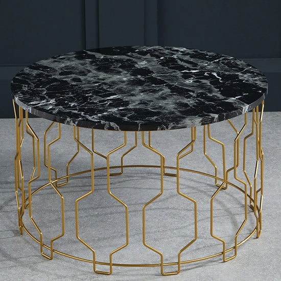 Grace Round Wooden Coffee Table In Black Marble Effect