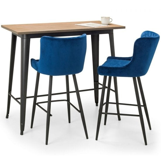 Grafton Bar Set In Mocha Elm With 2 Luxe Blue Velvet Bar Stools