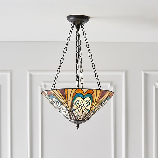 Hector Medium Inverted Tiffany Glass 3 Light Ceiling Pendant Light In Dark Bronze