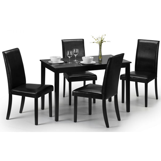 Hudson Wooden Dining Table In Black With 4 Black Faux Leather Chairs