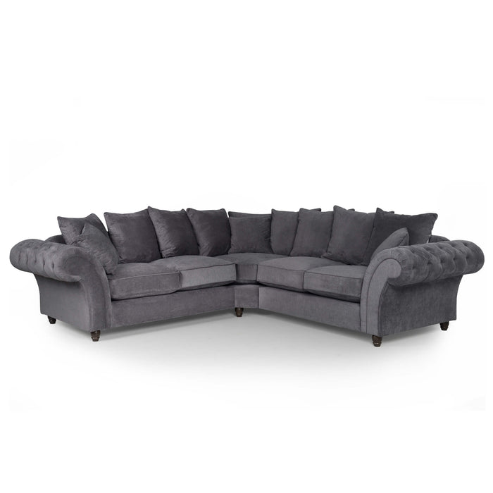 Huntley Fabric Corner Sofa In Grey With Dark Brown Wooden Legs