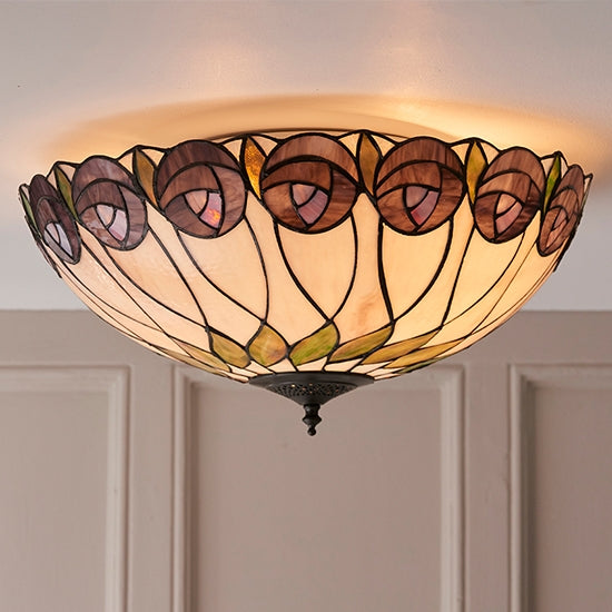 Hutchinson Large Tiffany Glass 2 Lights Flush Ceiling Light In Dark Bronze