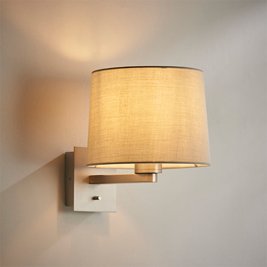 Issac Taupe Fabric Taper Cylinder Shade Wall Light In Matt Nickel