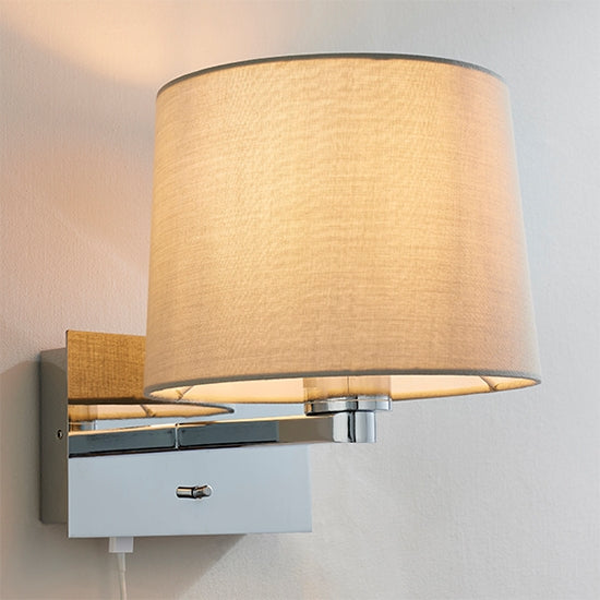 Issac Taupe Fabric Taper Cylinder Shade Wall Light With USB In Polished Chrome