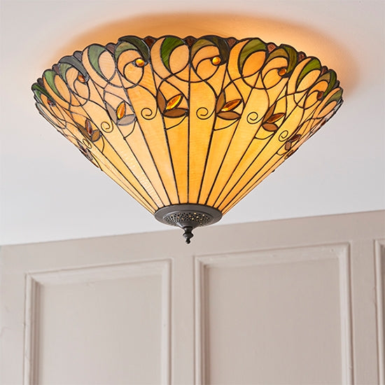 Jamelia Large 2 Lights Tiffany Glass Flush Ceiling Light In Dark Bronze