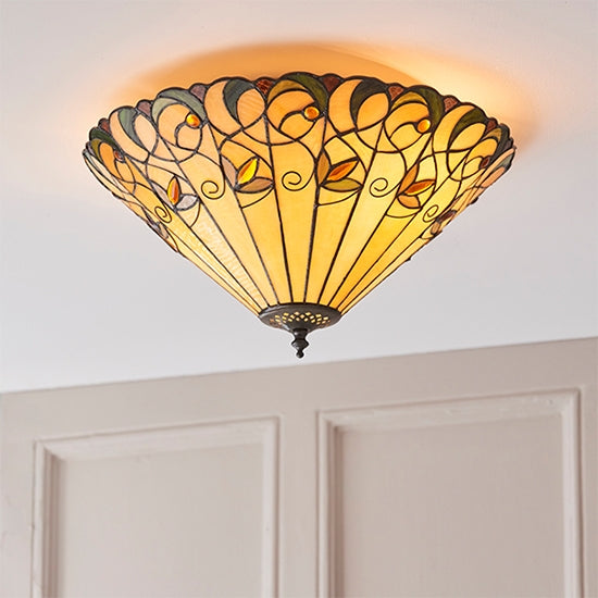 Jamelia Medium 2 Lights Tiffany Glass Flush Ceiling Pendant Light In Dark Bronze