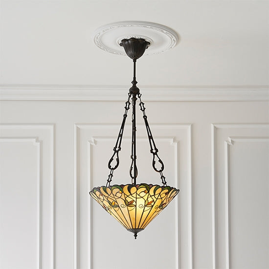 Jamelia Medium Inverted 3 Lights Tiffany Glass Ceiling Pendant Light In Dark Bronze