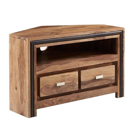 Jodhpur Corner Wooden 2 Drawers TV Stand In Natural Sheesham