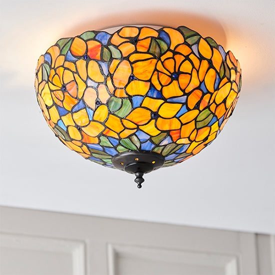 Josette Medium 2 Lights Tiffany Glass Flush Ceiling Light In Dark Bronze