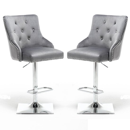 Knightsbridge Dark Grey Velvet Gas Lift Bar Stool In Pair