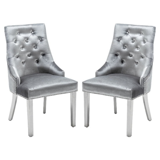 Knightsbridge Knocker Shimmer Grey Velvet Upholstered Dining Chairs In Pair