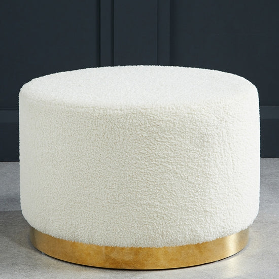 Lara Large Boucle Fabric Upholstered Pouffe In Ted White With Gold Base