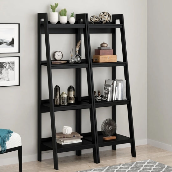 Lawrence 4 Shelf Ladder Black Wooden Bookcase In Pair