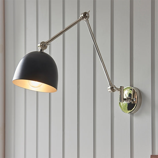 Lehal Matt Black Shade Swing Arm Wall Light In Polished Nickel