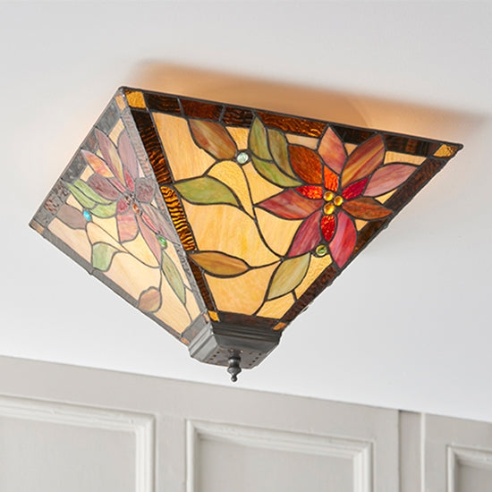 Lelani Medium 2 Lights Tiffany Glass Flush Ceiling Light In Dark Bronze