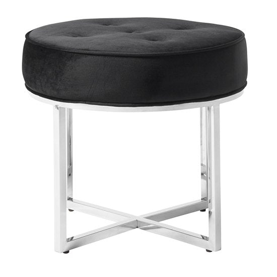 Lena Velvet Upholstered Accent Stool In Black With Silver Legs