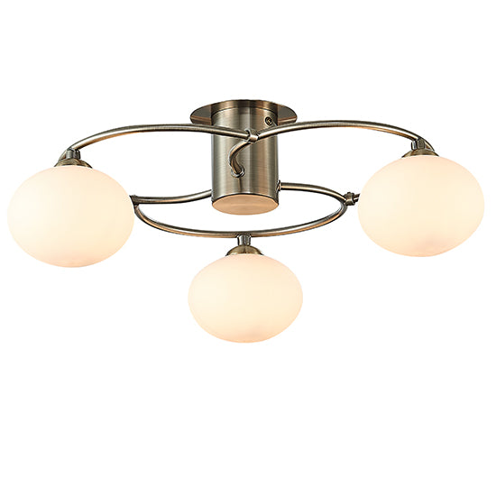 Leyburn 3 Opal Glass Globe Bulbs Flush Ceiling Light In Antique Brass