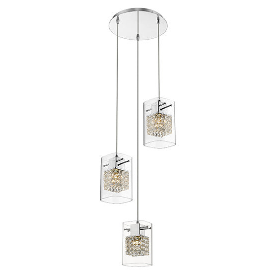 Leyton 3 Clear Glass Cube Bulbs Round Decorative Ceiling Pendant Light In Chrome