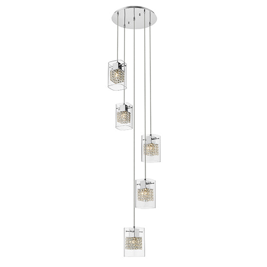 Leyton 5 Clear Glass Cube Bulbs Decorative Ceiling Pendant Light In Chrome