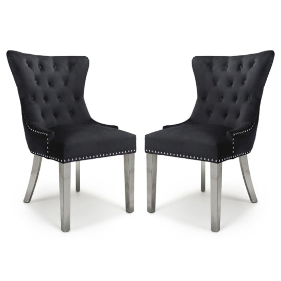 Lionhead Ring Back Black Brushed Velvet Dining Chairs With Silver Legs In Pair