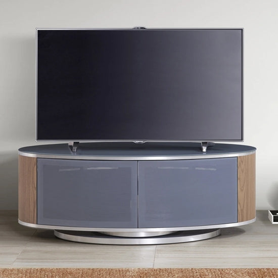 Luna Wooden TV Stand In Grey High Gloss And Oak With Push Release Doors