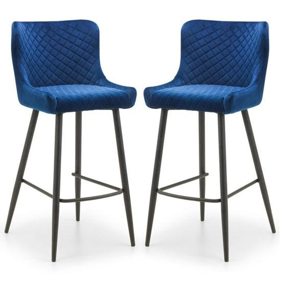 Luxe Blue Velvet Upholstered Bar Stools In Pair