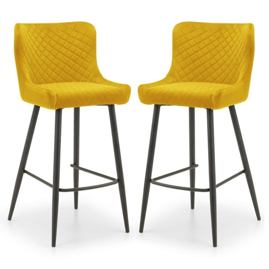 Luxe Mustard Velvet Upholstered Bar Stools In Pair