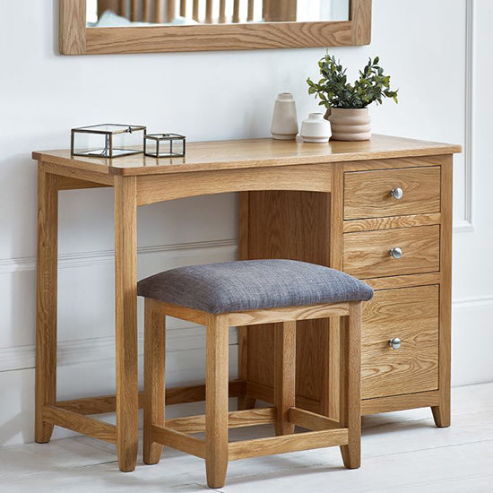 Mallory Wooden Single Pedestal Dressing Table And Stool Set In Oak