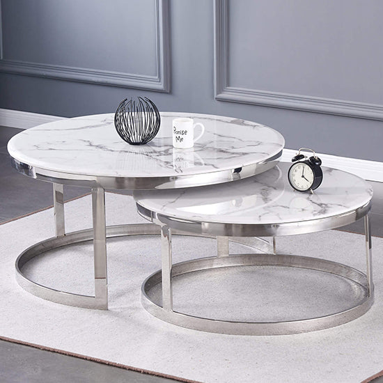 Margate Wooden Set Of 2 Coffee Tables In White Marble Effect