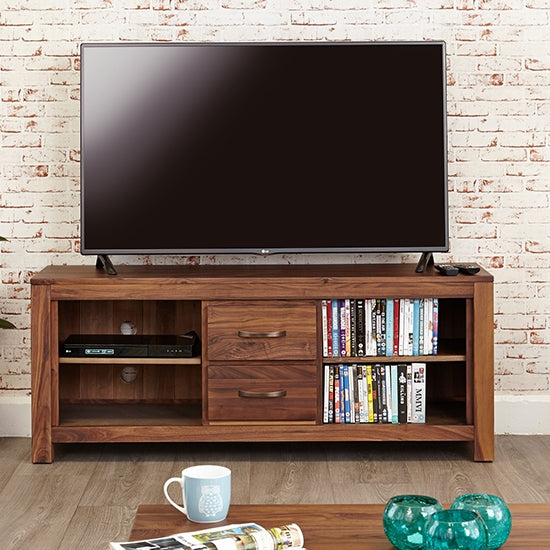 Mayan Wooden 2 Drawers 2 Shelves Low TV Stand In Walnut