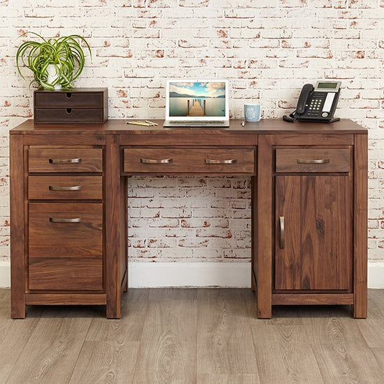 Mayan Wooden Twin Pedestal Computer Desk In Walnut