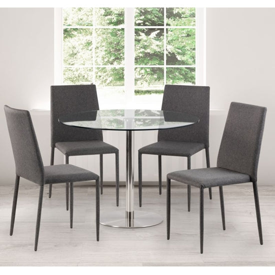 Milan Round Clear Glass Dining Table With 4 Jazz Grey Chairs