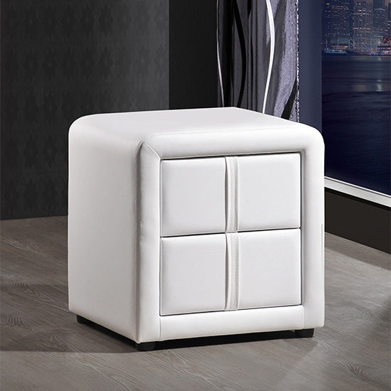 Monaco Faux Leather 2 Drawers Bedside Cabinet In White