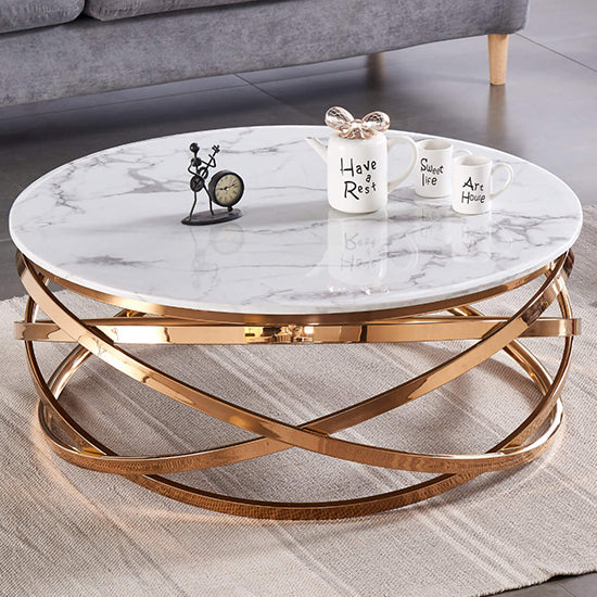 Nabraska Round Wooden Coffee Table In White Marble Effect With Gold Frame