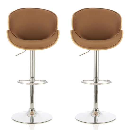 Nancy Beige And Oak Faux Leather Swivel Bar Stools In Pair