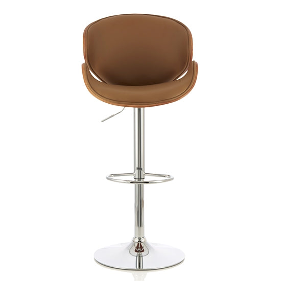 Nancy Faux Leather Swivel Bar Stool In Beige And Walnut