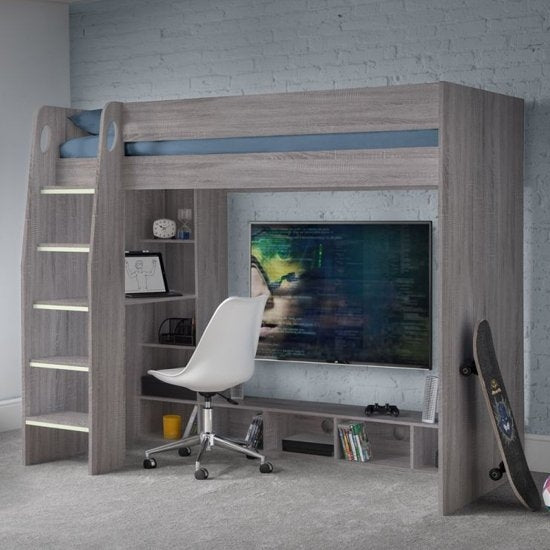 Nebula Wooden Gaming Bunk Bed With Desk In Grey Oak