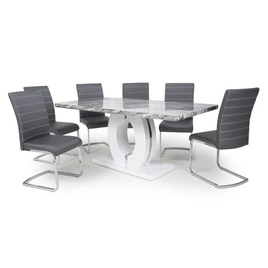 Neptune Large Gloss Grey White Marble Effect Dining Table With 6 Callisto Grey Leather Dining Chairs
