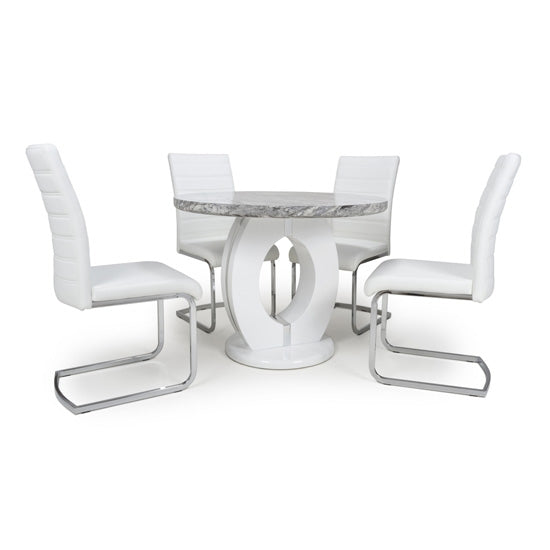 Neptune Round High Gloss Grey And White Marble Effect Dining Table With 4 Callisto Grey Leather Chairs