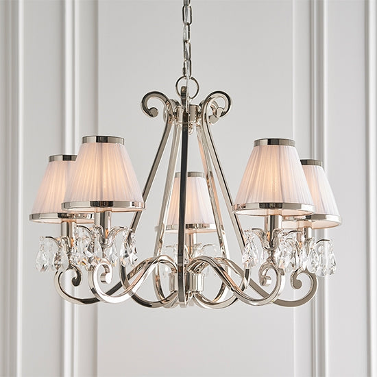 Oksana Clear Crystal 5 Lights Ceiling Pendant Light In Polished Nickel With White Shades