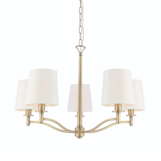 Ortona 5 Lights White Fabric Ceiling Pendant Light In Matt Antique Brass