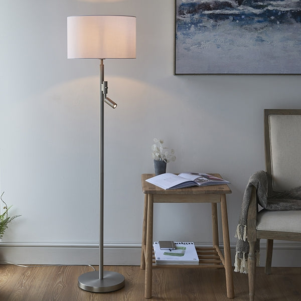 Owen 2 Lights White Cylinder Shade Reader Floor Lamp In Matt Nickel