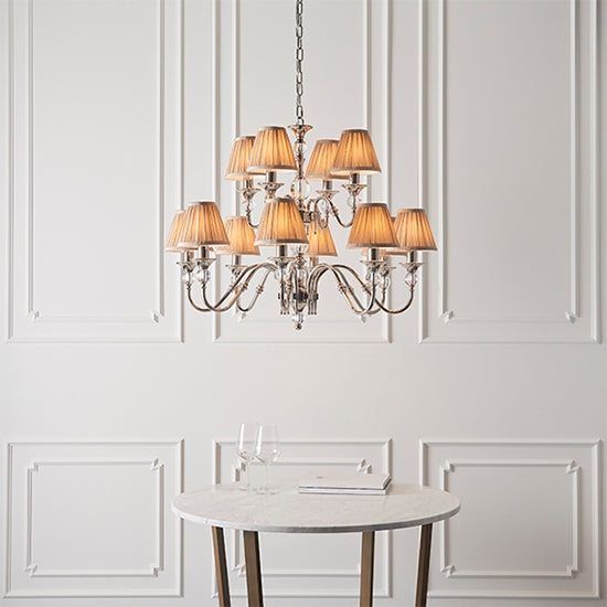 Polina 12 Lights Beige Shades Ceiling Pendant Light In Polished Nickel