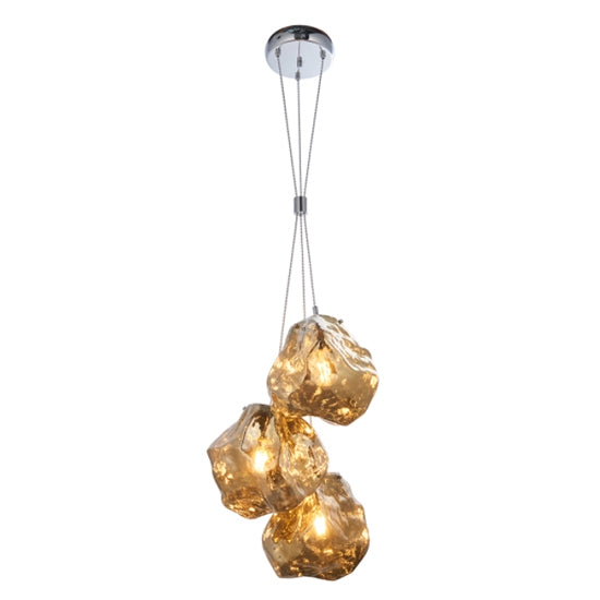 Rock 3 Lights Metallic Bronze Glass Shade Ceiling Pendant Light In Chrome