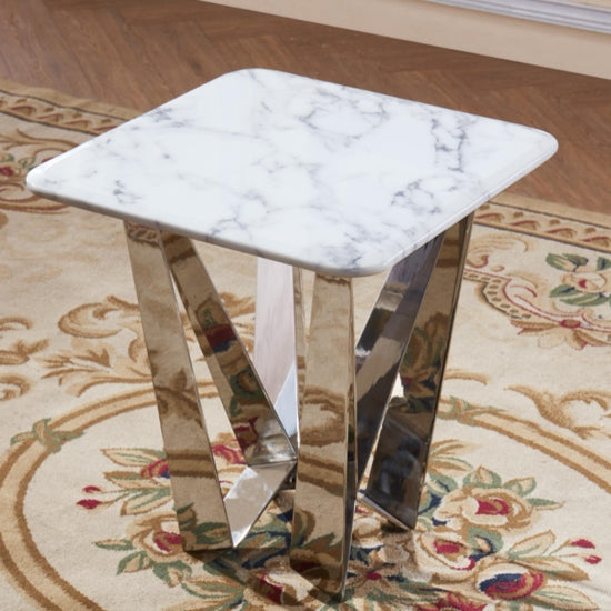 Sardinia Marble Effect Lamp Table In White With Chrome Base