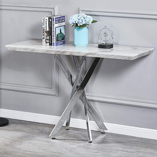 Scimitar Wooden Console Table In White Marble Effect With Siiver Legs