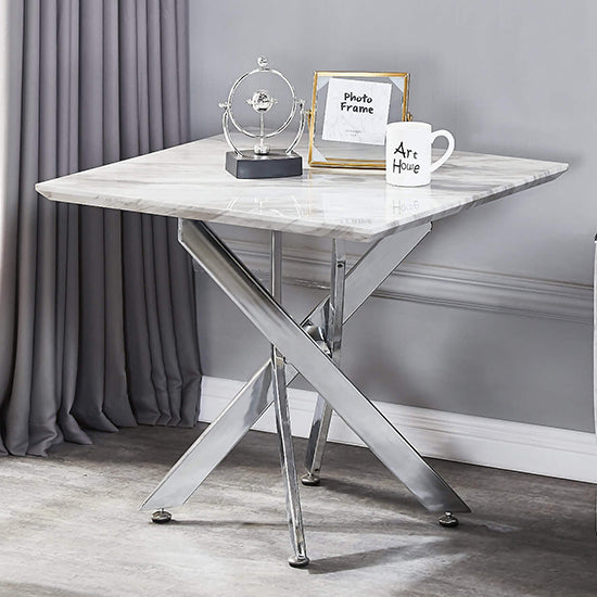 Scimitar Wooden Lamp Table In White Marble Effect With Siiver Legs