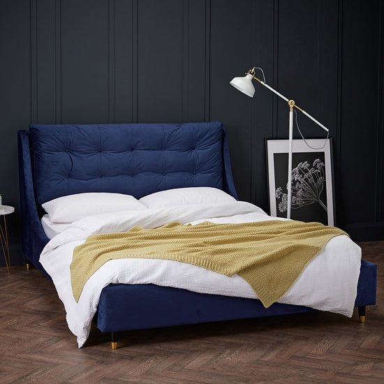 Sloane Velvet Upholstered Double Bed In Blue